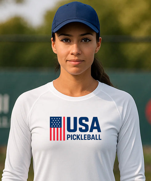 USA Pickleball Pride | Long Sleeve Performance Tee by Pepini Pickleball β white Men's Long Sleeve Performance Tee front view